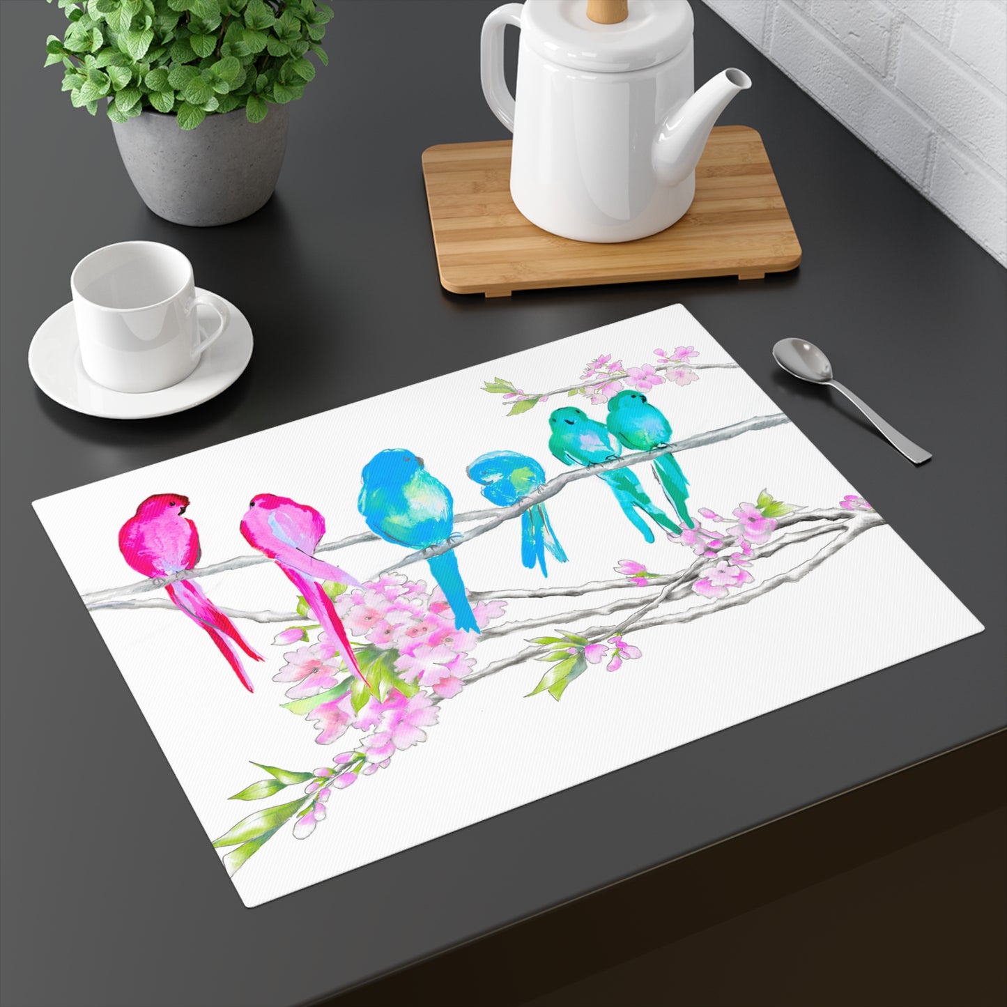 Blossoms & Birds In Pink & Blue Placemat, 1pc (18" × 14"), Cotton, Creamy White Background. #3 Right Side of Table