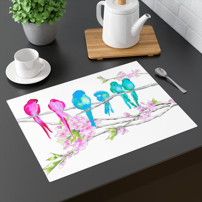 Blossoms & Birds In Pink & Blue Placemat, 1pc (18" × 14"), Cotton, Creamy White Background. #3 Right Side of Table