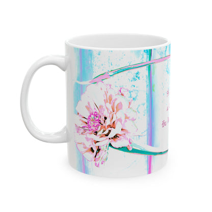 Zinnia Ceramic Mug Aqua Raspberry "A flower is a sermon to the humble heart "