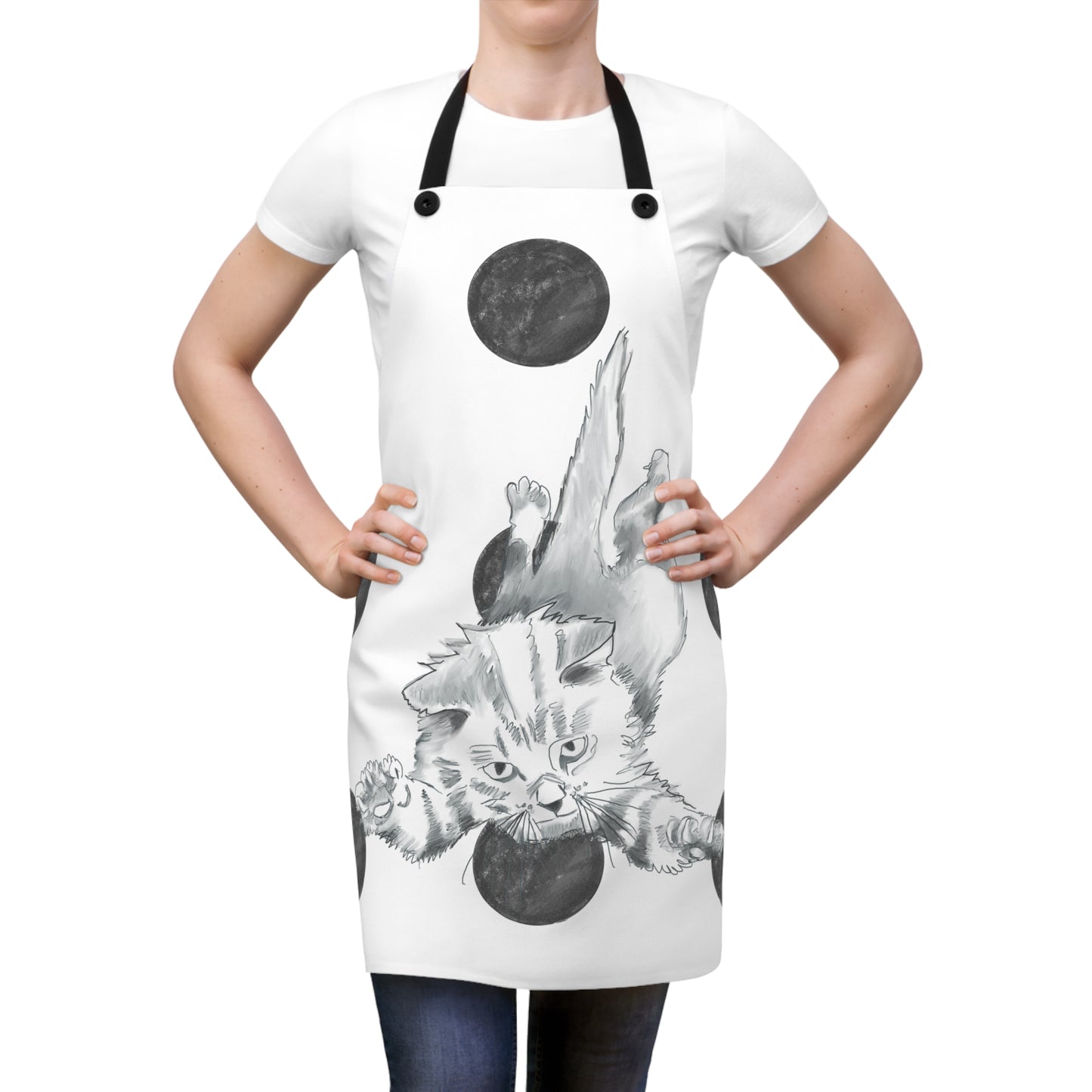 Kitty Fun, Apron, Black Polka Dots