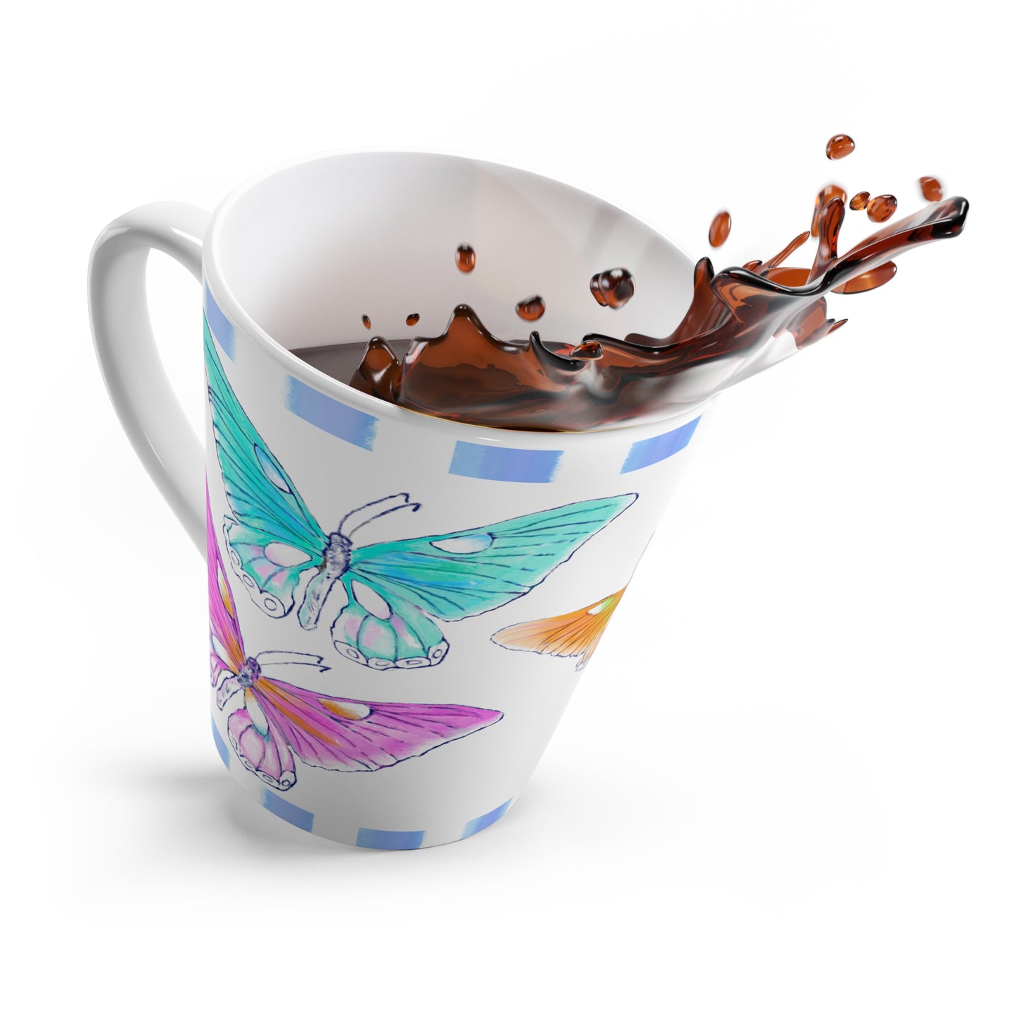 Butterfly Swing  Latte Mug Aqua, Lilac, Pink , Orange, Yellow Butterflies, Blue Stripe