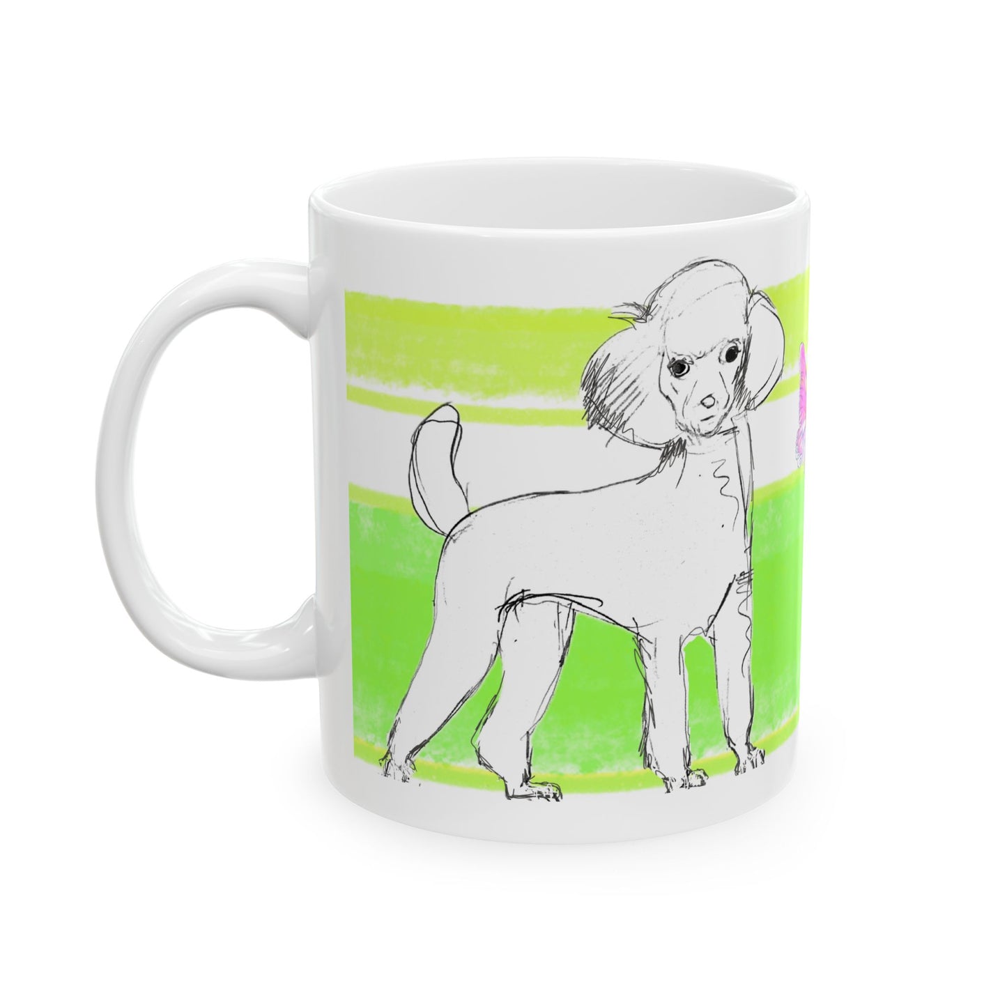 Mega Stripe Dogi Butterfly Flutter Ceramic Mug, (11oz, 15oz) Yellow Green Poodle