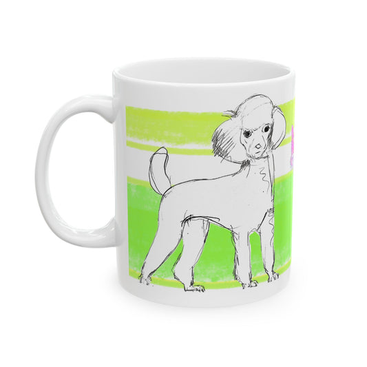 Mega Stripe Dogi Butterfly Flutter Ceramic Mug, (11oz, 15oz) Yellow Green Poodle