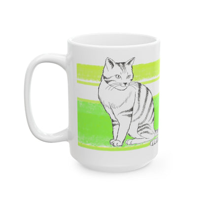 Mega Stripe Kitty Butterfly Flutter Ceramic Mug Yellow Green