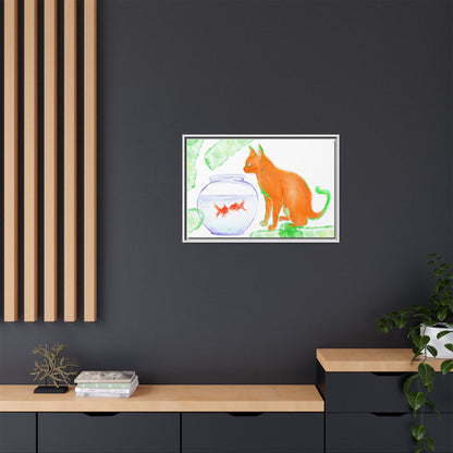 Colorful Cat and Fish Bowl Matte Canvas Framed white