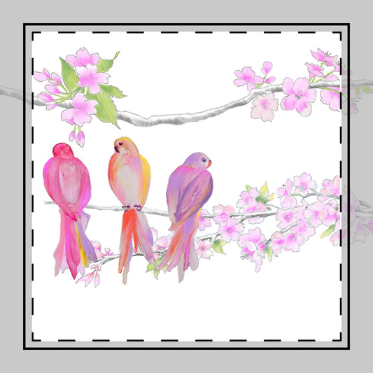 Blossoms & Birds in Pink, Orange, Purple Poly Twill Napkin , Background fabric Bright White