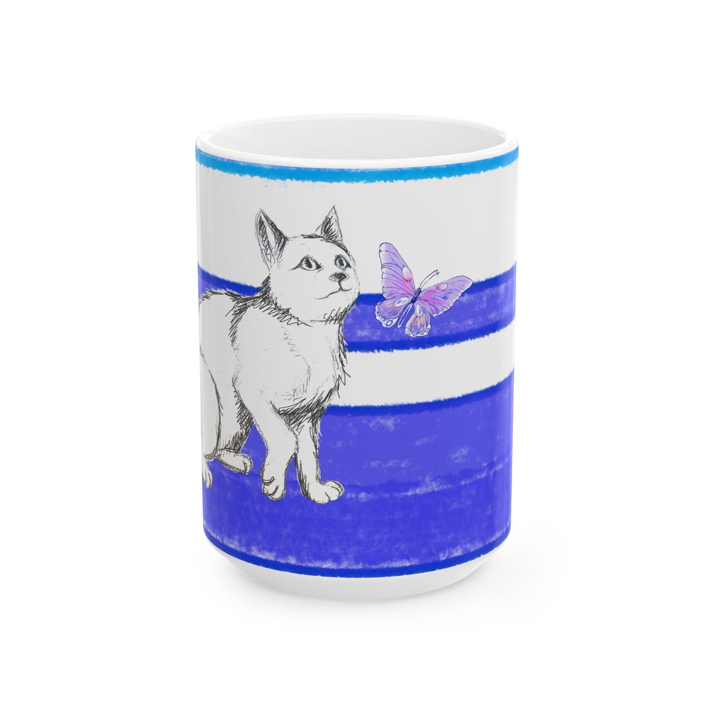 Mega Stripe Kitty Butterfly Flutter Ceramic Mug Ultramarine