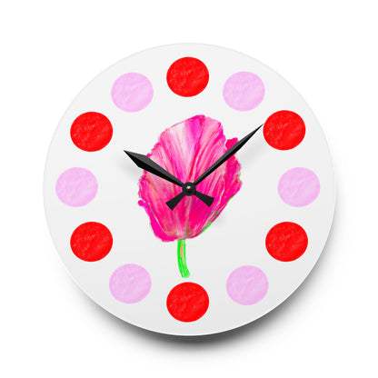 Tulip Love, Acrylic Wall Clock, Pink and Red polka dots tulip