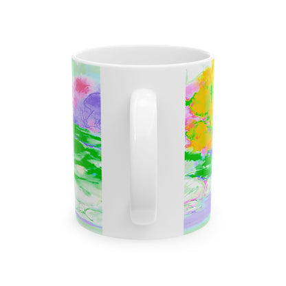 Inspirational Landscapes Ceramic Mug in Yellow, Orange and Purple, "God appoints my work and limits my time",  11oz, 15oz.