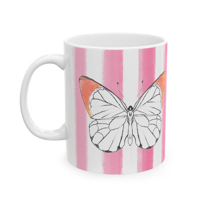 Butterfly Chroma Ceramic Mug in Orange with Pink Stripes, 11oz
