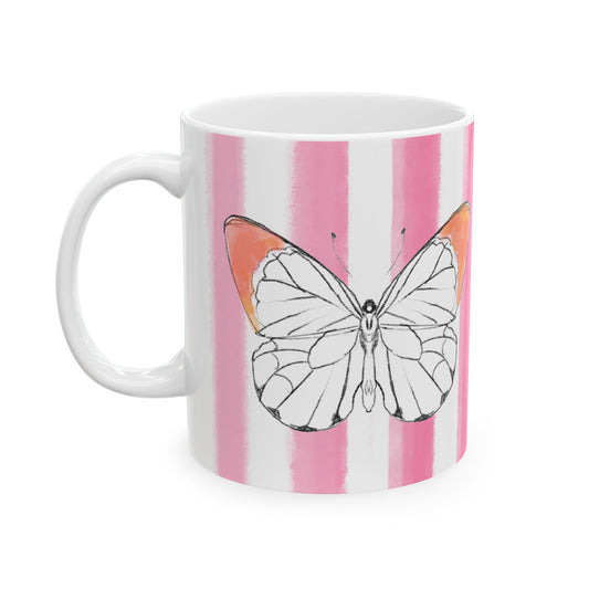 Butterfly Chroma Ceramic Mug in Orange with Pink Stripes, 11oz