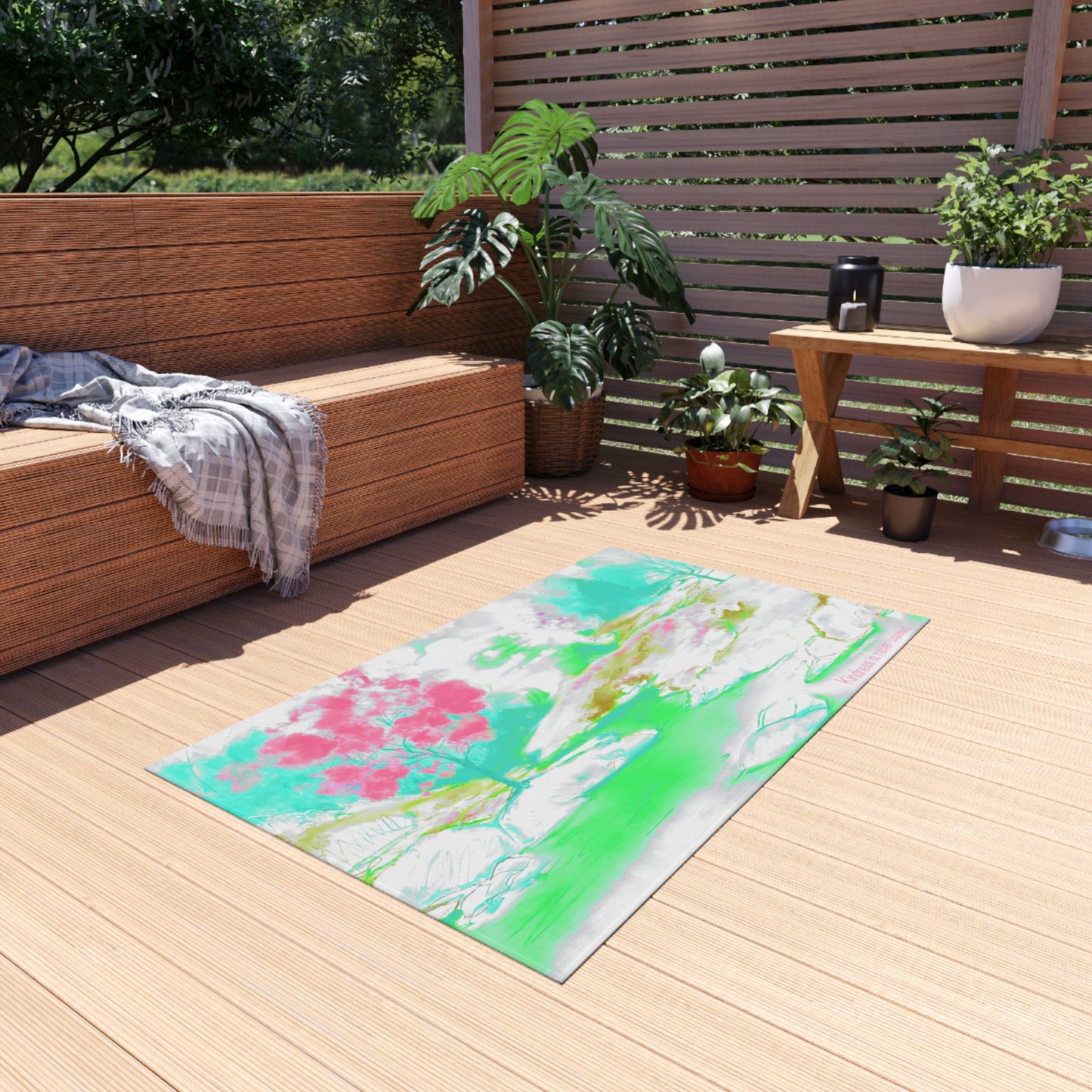 Inspirational Landscapes "Kindness is never wasted"  Indoor/Outdoor Area Rug in Lime, Aqua, and Raspberry (36" x 24")