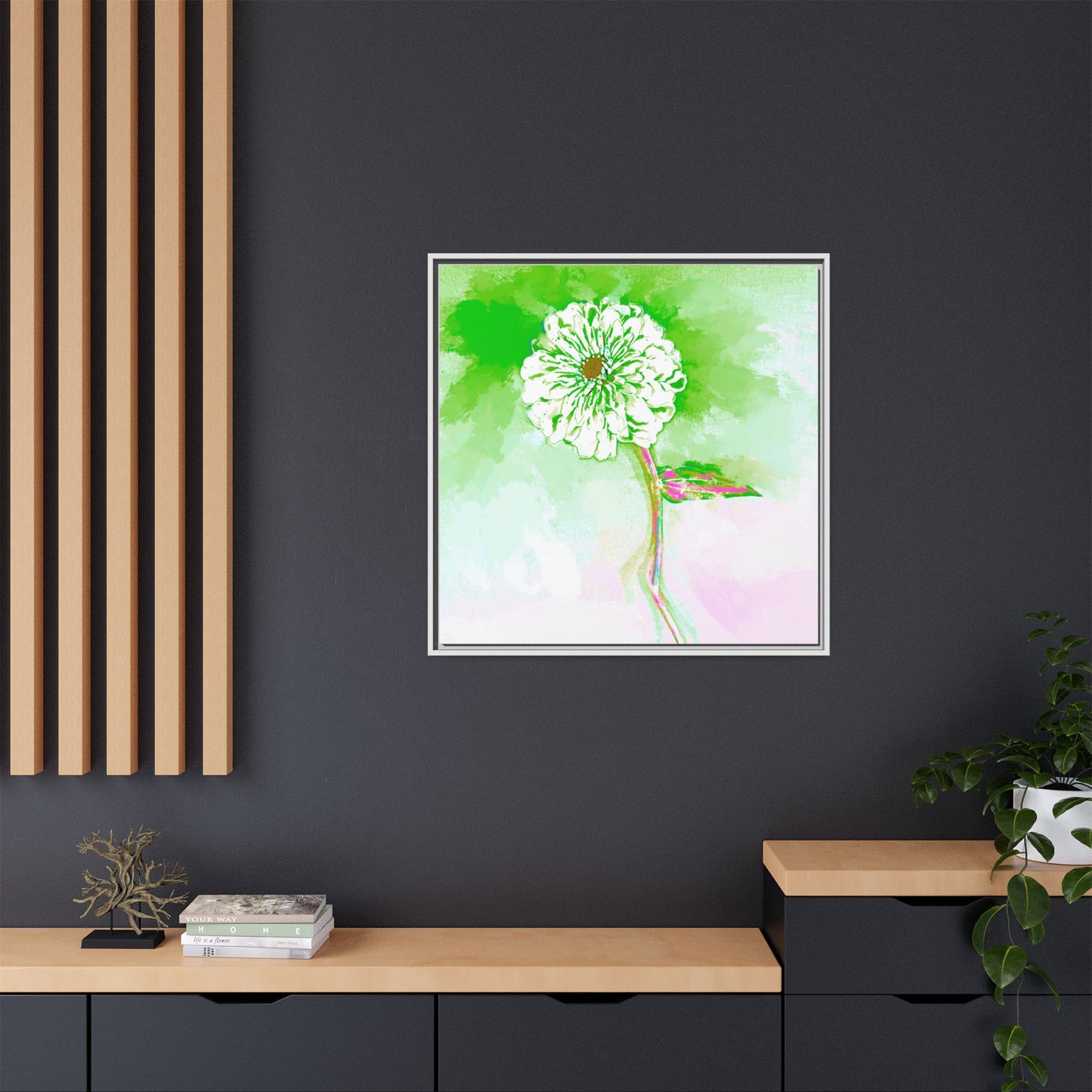 Zinnia Color Splash Matte Canvas Grass Green Framed