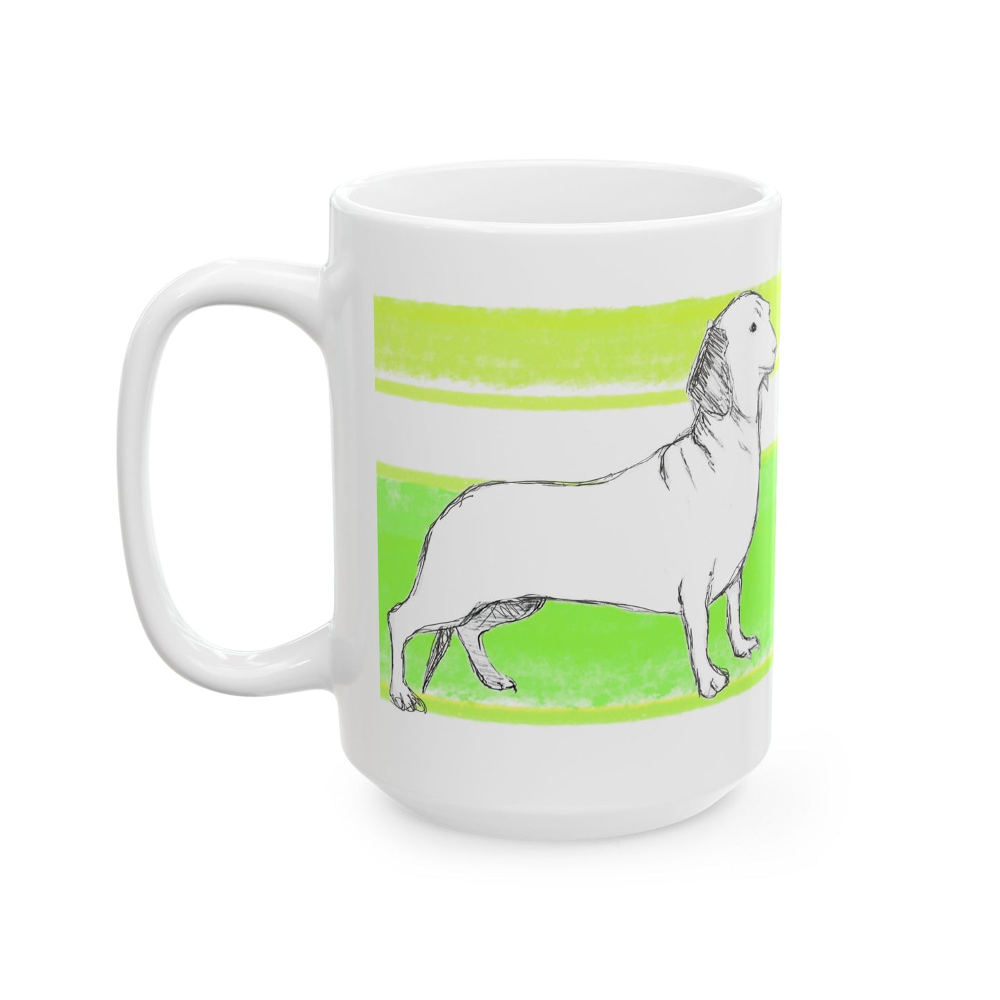 Mega Stripe Dogi Butterfly Flutter Ceramic Mug, (11oz, 15oz) Yellow Green Dachshund
