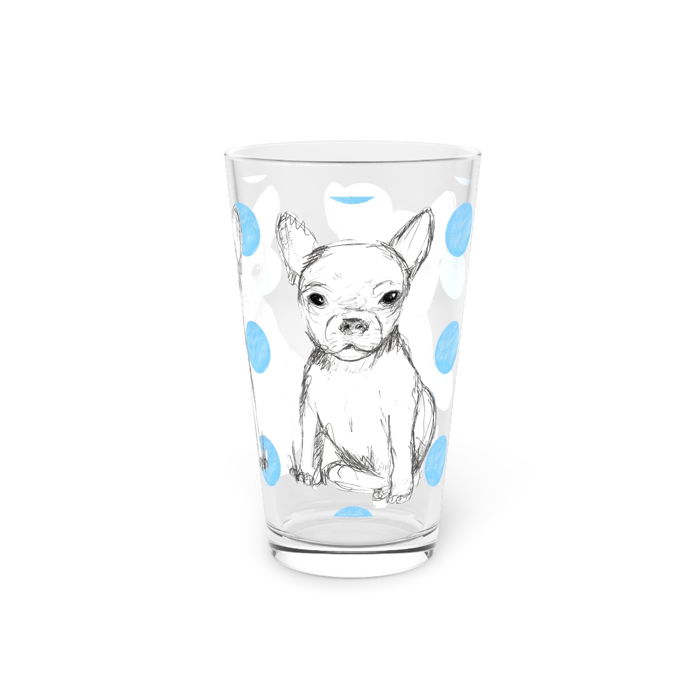 Dogi Fun and Polka Dots Pint Glass in Aqua, Chihuahua, 16oz