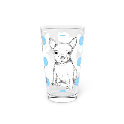 Dogi Fun and Polka Dots Pint Glass in Aqua, Chihuahua, 16oz