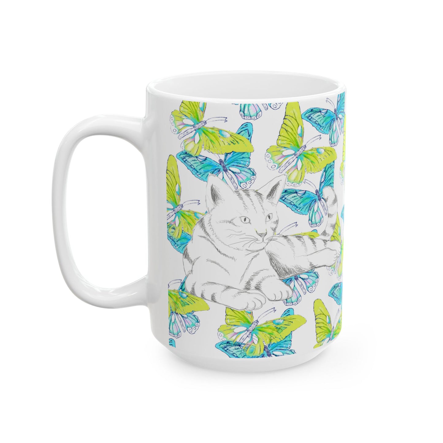 Kitty Flutter Ceramic Mug, Aqua/Lime, (11oz, 15oz)