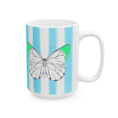 Butterfly Chroma Ceramic Mug in Light Green with Aqua Stripes