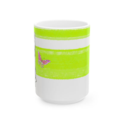 Mega Stripe Kitty Butterfly Flutter Ceramic Mug  Lime