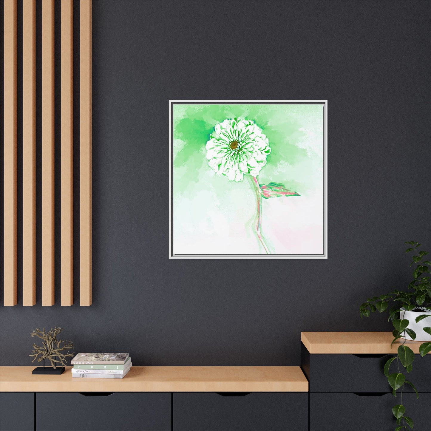 Zinnia Color Splash Matte Canvas Soft Green Framed