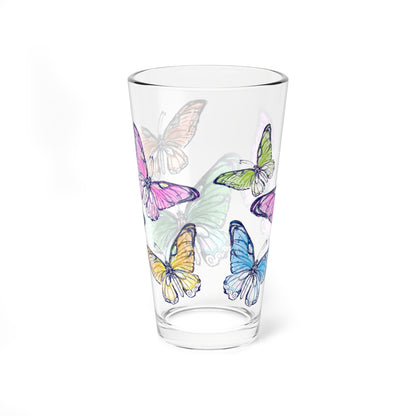 Blossom Whirl  Pint Glass 16oz, Largest Butterfly is Blue green