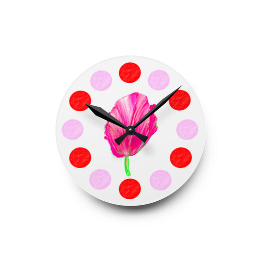 Tulip Love, Acrylic Wall Clock, Pink and Red polka dots tulip