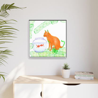 Colorful Cat and Fish Bowl Matte Canvas Framed white