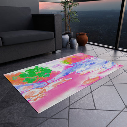 Joyful Landscapes Indoor/Outdoor Rug, Raspberry, Blue and Green, Non-Slip