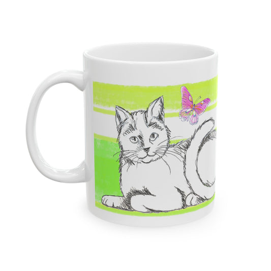 Mega Stripe Kitty Butterfly Flutter Ceramic Mug Yellow Green