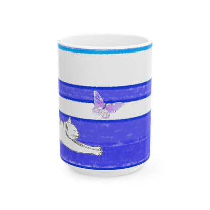 Mega Stripe Kitty Butterfly Flutter Ceramic Mug Ultramarine