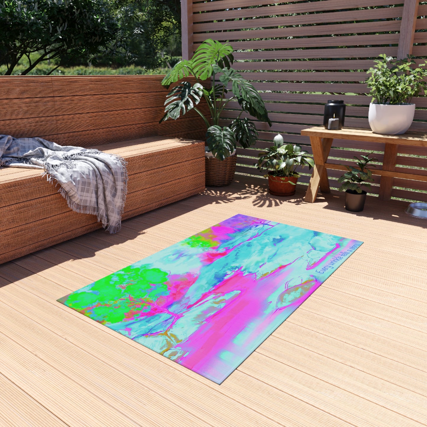 Inspirational Landscapes Indoor/Outdoor Area Rug, " Every Wrinkle tells a Story", Aqua, Raspberry, and Green