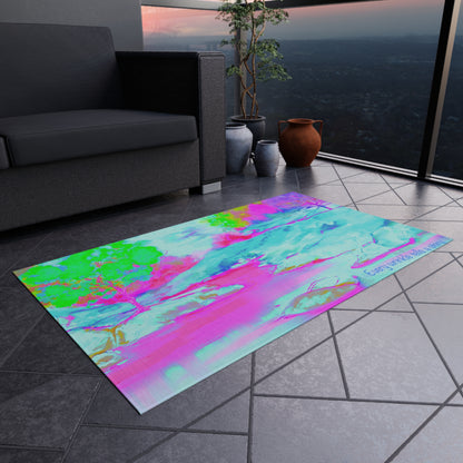 Inspirational Landscapes Indoor/Outdoor Area Rug, " Every Wrinkle tells a Story", Aqua, Raspberry, and Green