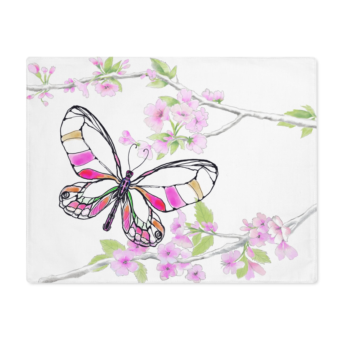 Butterfly Blossom Romp Cotton Twill Placemat, 1pc. Raspberry & Pink #5 Right side of table