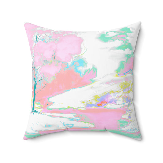 Joyful Landscape Spun Polyester Square Pillow In Soft Pink (2 sizes)