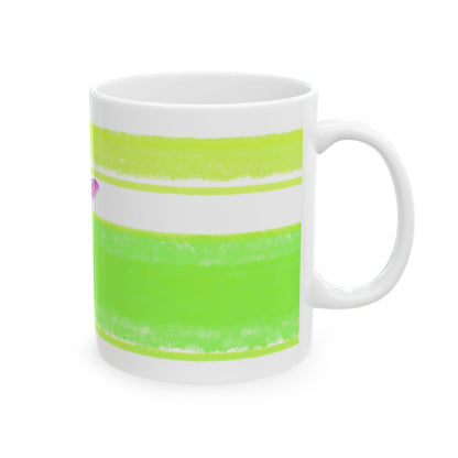 Mega Stripe Dogi Butterfly Flutter Ceramic Mug, (11oz, 15oz) Yellow Green Bulldog