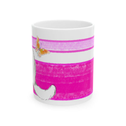 Mega Stripe Kitty Butterfly Flutter Ceramic Mug Raspberry Pink