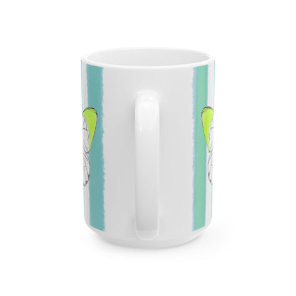 Butterfly Chroma Ceramic Mug in Acid Green with Aqua Green Stripes, 11oz
