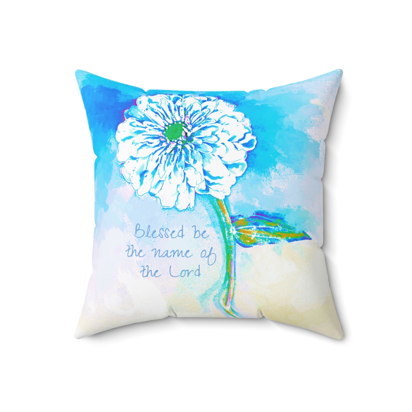 Zinnia Quiet Reflection Spun Polyester Square Pillow in Blue "Blessed be the name of the Lord"