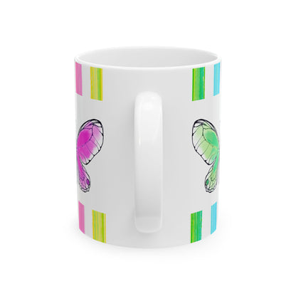 Butterfly Rainbow Stripe Ceramic Mug in Lavender, Pink, and Green with Multi-color Striped Border, (Available in 2 sizes 11oz and 15oz)