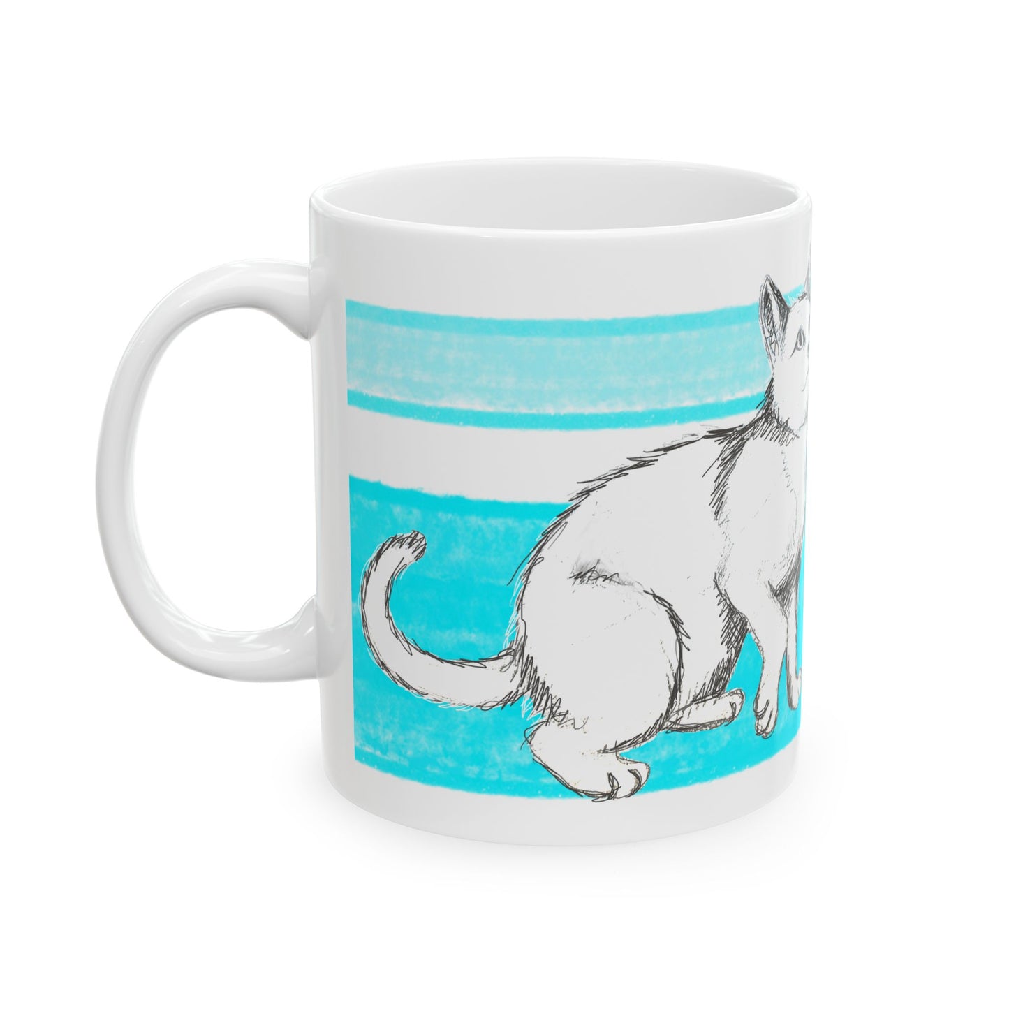 Mega Stripe Kitty Butterfly Flutter Ceramic Mug Aqua