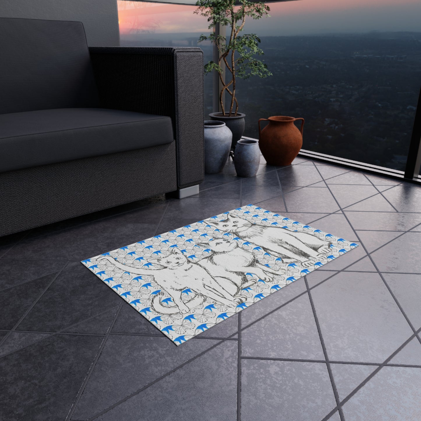 Kitty Fun Indoor/Outdoor Rug blue and black
