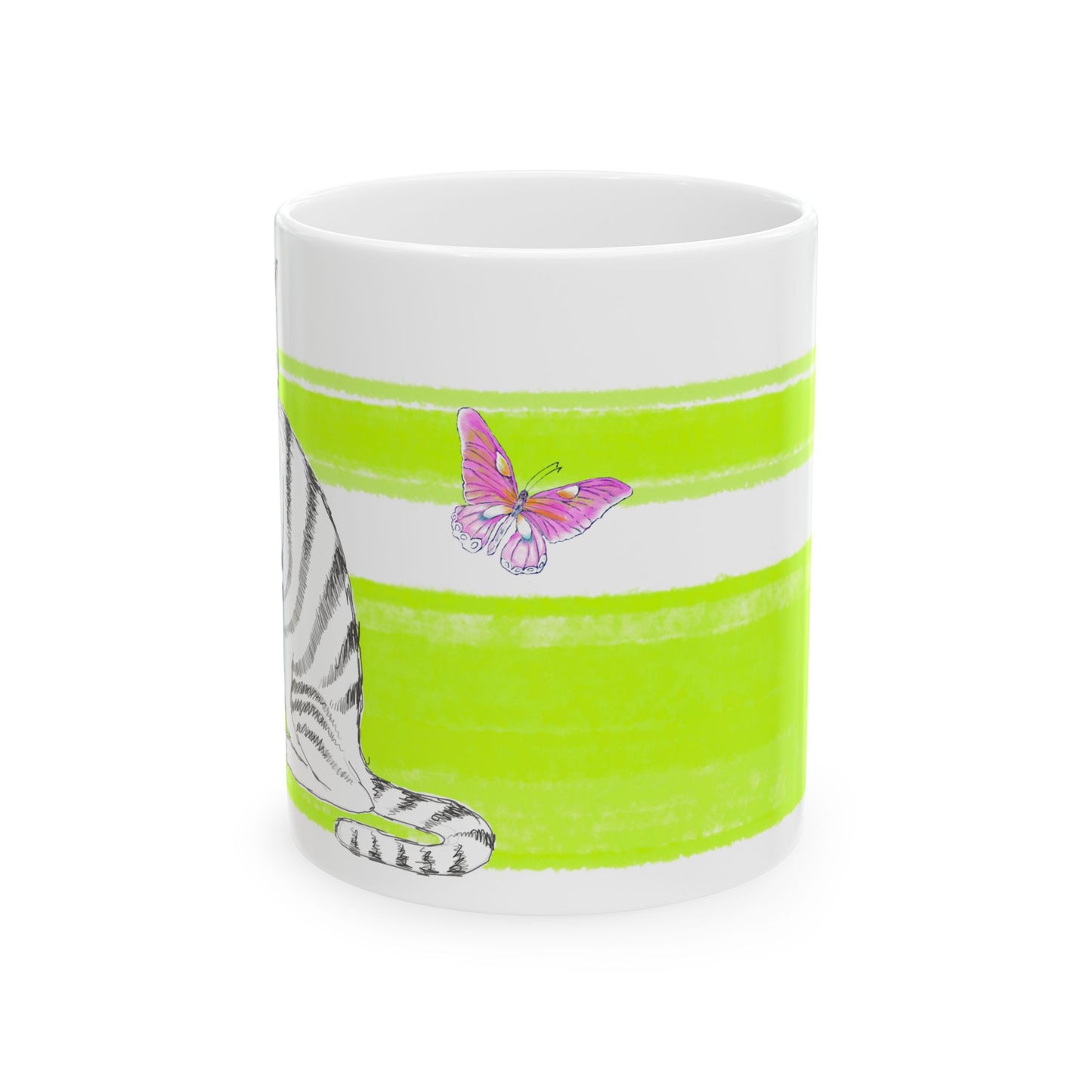 Mega Stripe Kitty Butterfly Flutter Ceramic Mug Lime