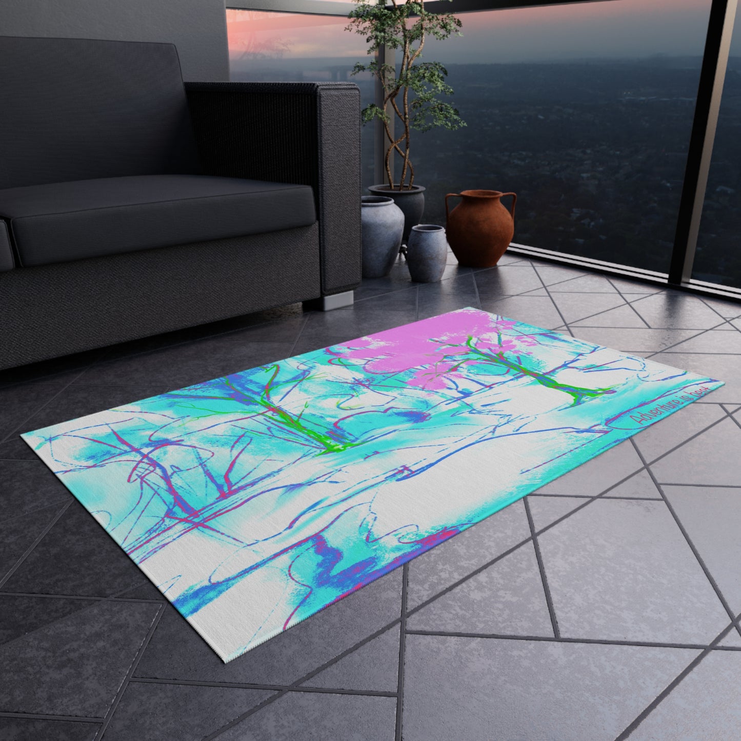 Inspirational Landscapes Indoor/Outdoor Area Rug, "Adventure Is Best", Blue, Aqua, and Lilac