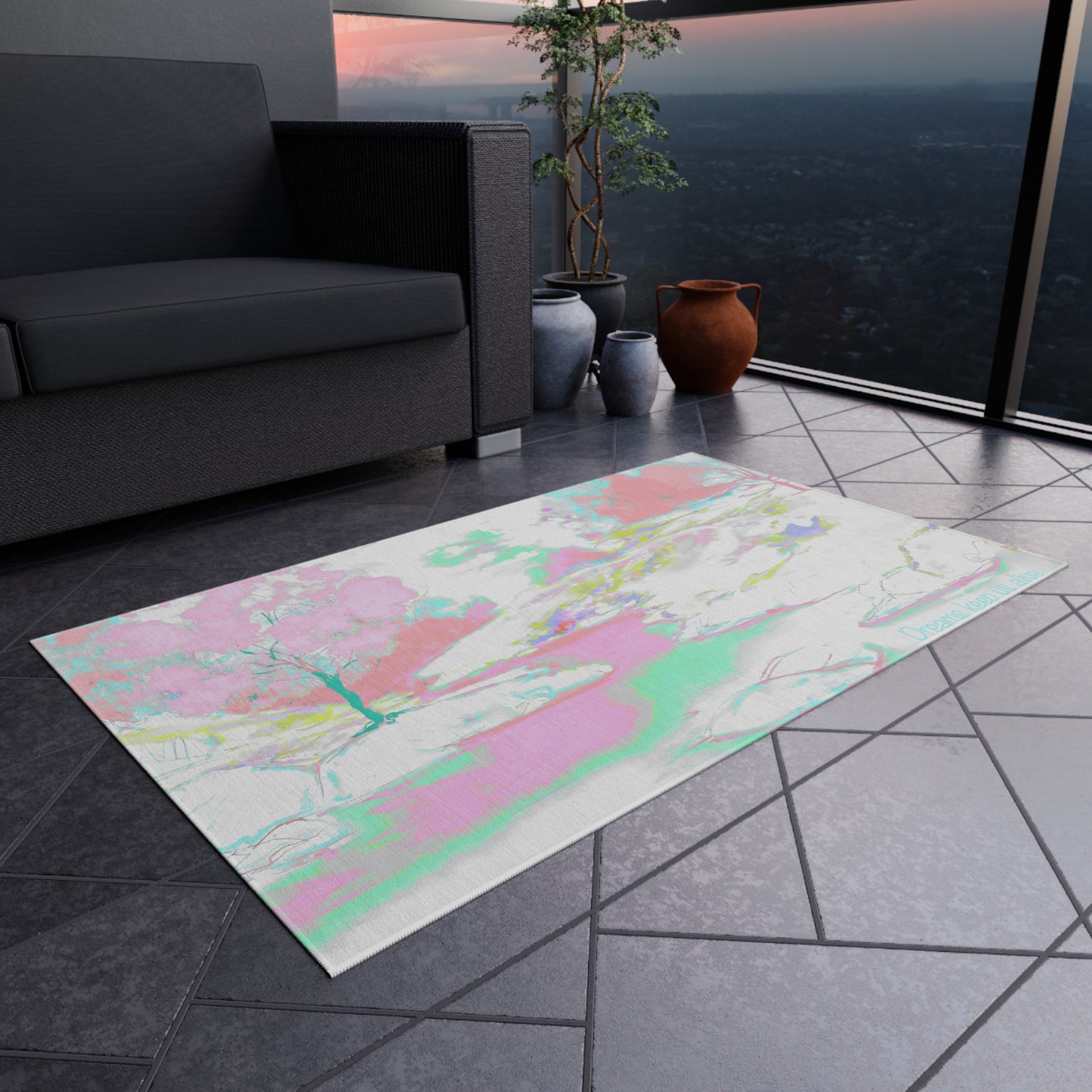 Inspirational Landscapes Indoor/Outdoor Area Rug "Dreams keep us alive", blues and pinks
