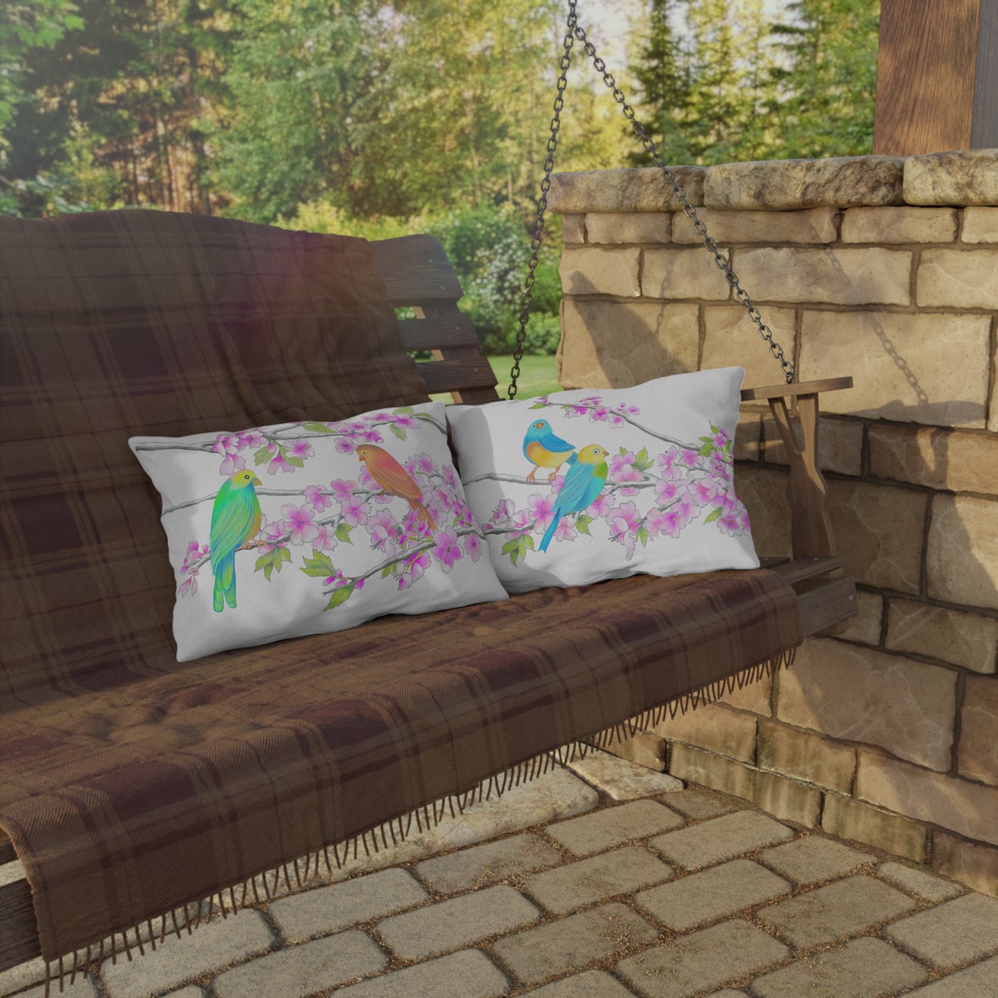 Outdoor Pillows Lumbar Birdies and Cherry Blossoms