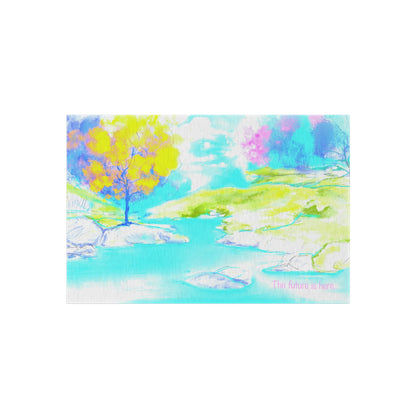 Inspirational Landscapes Indoor/Outdoor Area Rug,"The future is here",  Blue, Aqua, and Yellow