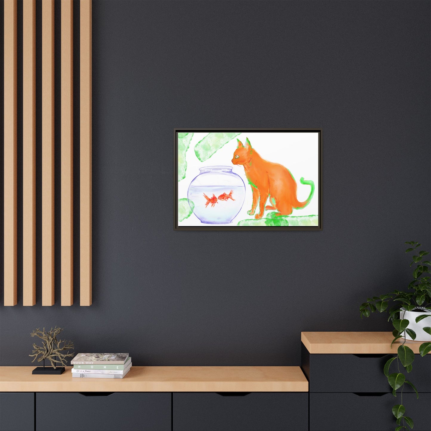 Colorful Cat and Fish Bowl Matte Canvas Framed white