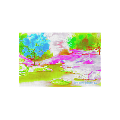 Inspirational Landscapes Indoor/Outdoor Area Rug, "Love has no expiration," Blue, Raspberry, and Green
