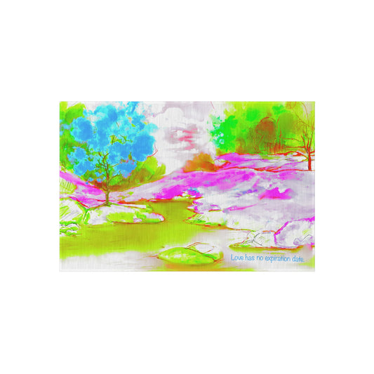 Inspirational Landscapes Indoor/Outdoor Area Rug, "Love has no expiration," Blue, Raspberry, and Green