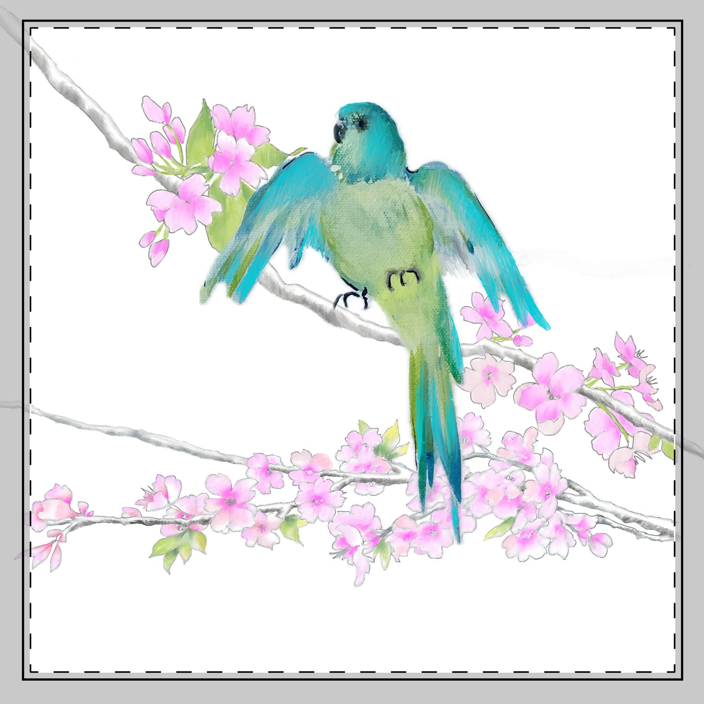 Blossoms & Birds in Blue-Green Poly Twill Napkin, Background Color Bright White